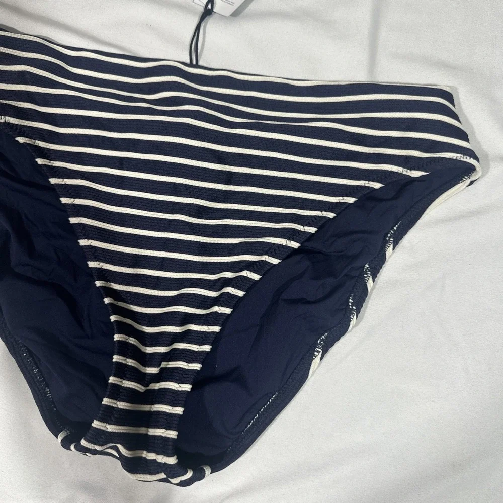 NEW Robin Piccone [‎ Large ] Parker High Waist Stripe Bikini Bottom Navy U1692